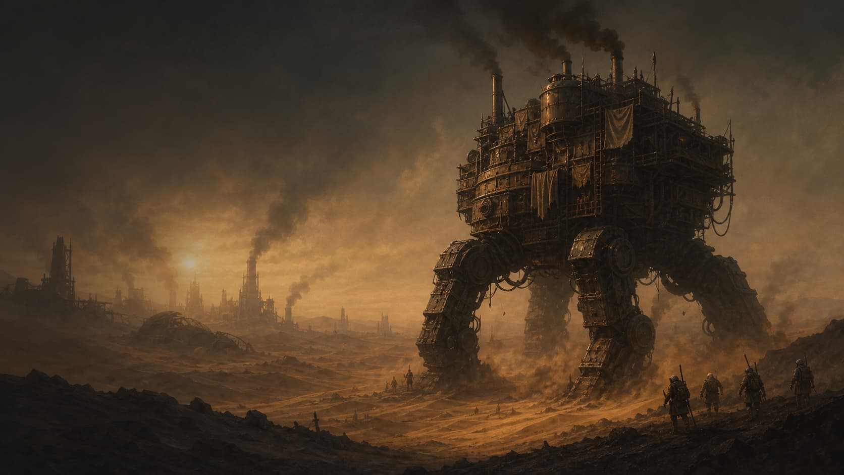 A colossal Trampler mech fortress walking across the desert dunes of Sophie at dusk
